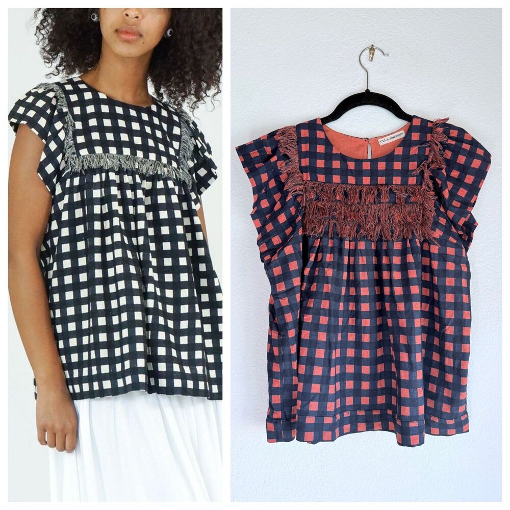 EUC Ulla Johnson Gingham Fringe Flutter Sleeve Blouse in Navy & Orange Size S